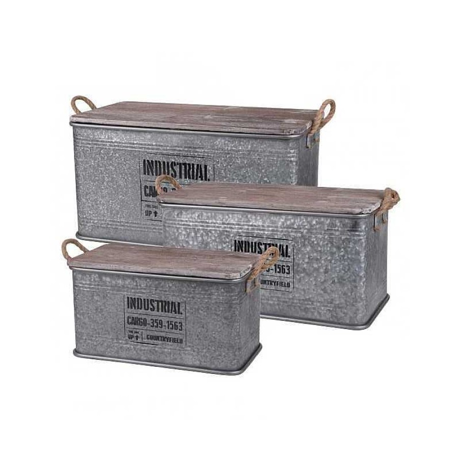 Decoraci N Muebles Liquidator | Set 3 Cajas Galvanizado Tapa Madera Met Licas