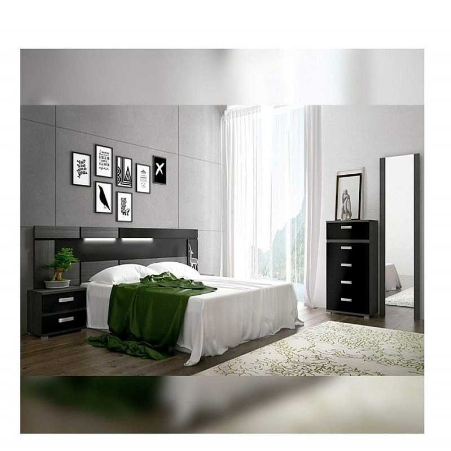 Dormitorio Muebles Liquidator | Cabecero Con Leds Rambla + 2 Mesitas Ceniza/Negro