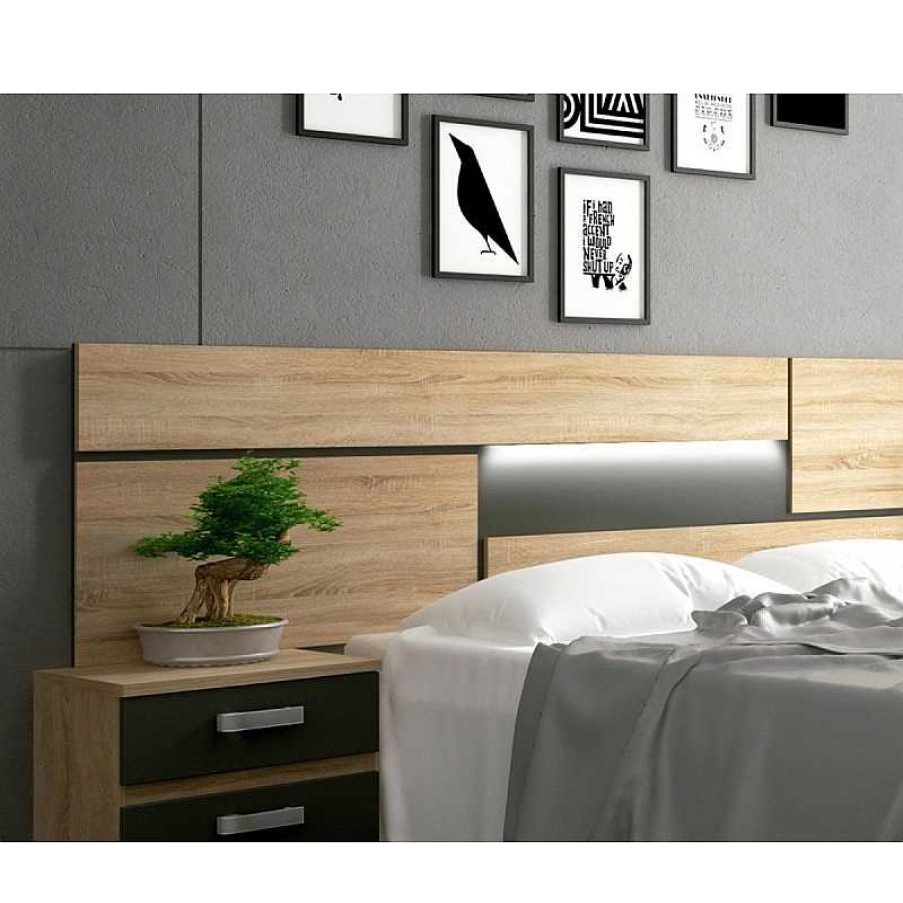 Dormitorio Muebles Liquidator | Cabecero Con Leds Priego + 2 Mesitas Cambrian/Grafito