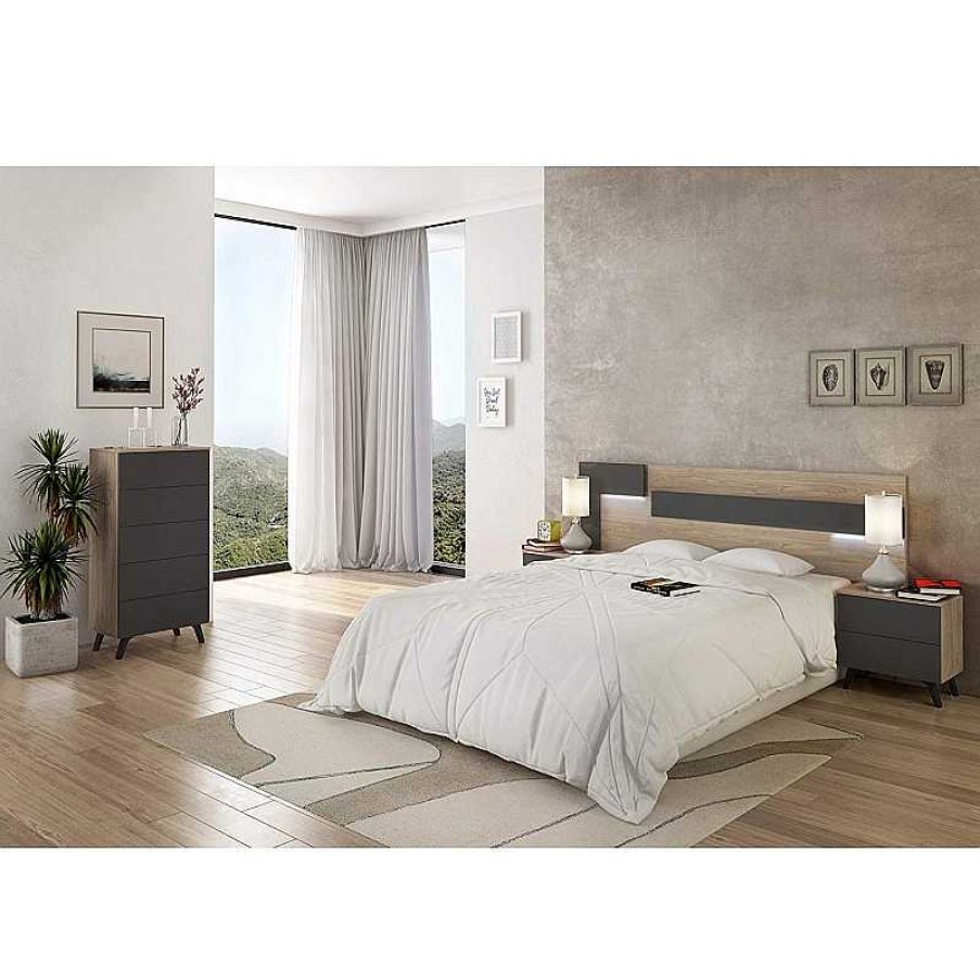 Dormitorio Muebles Liquidator | Cabecero Con Leds Lica + 2 Mesitas Roble-Grafito